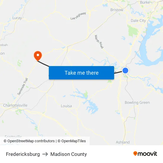 Fredericksburg to Madison County map