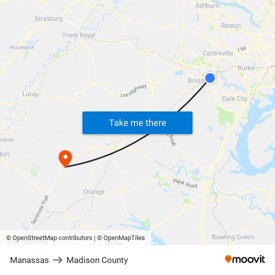 Manassas to Madison County map