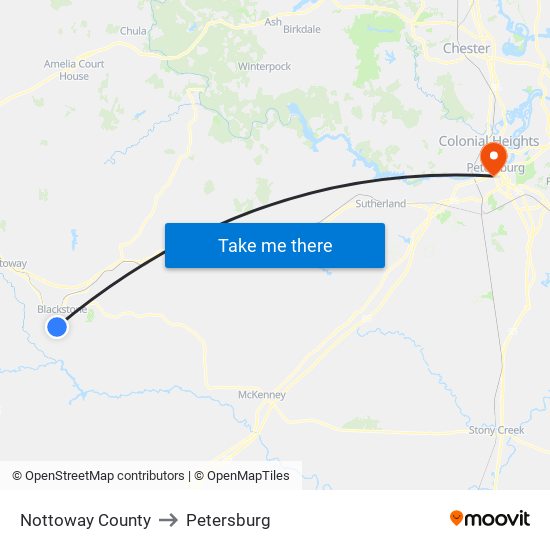 Nottoway County to Petersburg map