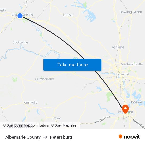 Albemarle County to Petersburg map