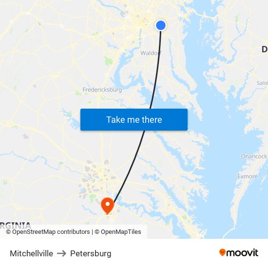 Mitchellville to Petersburg map