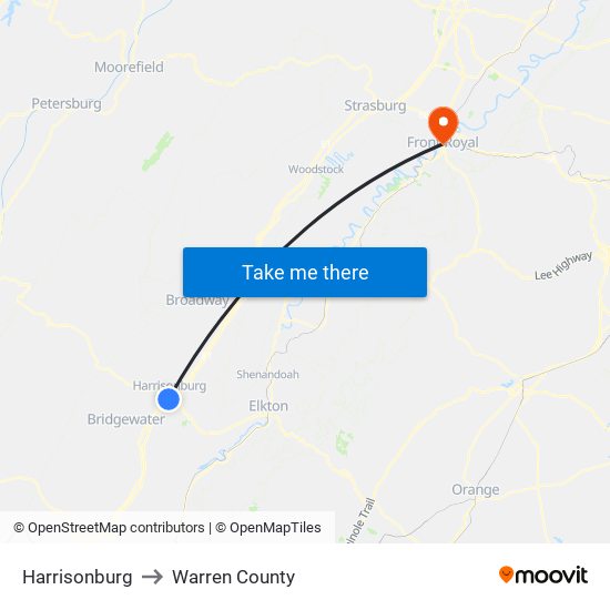 Harrisonburg to Warren County map