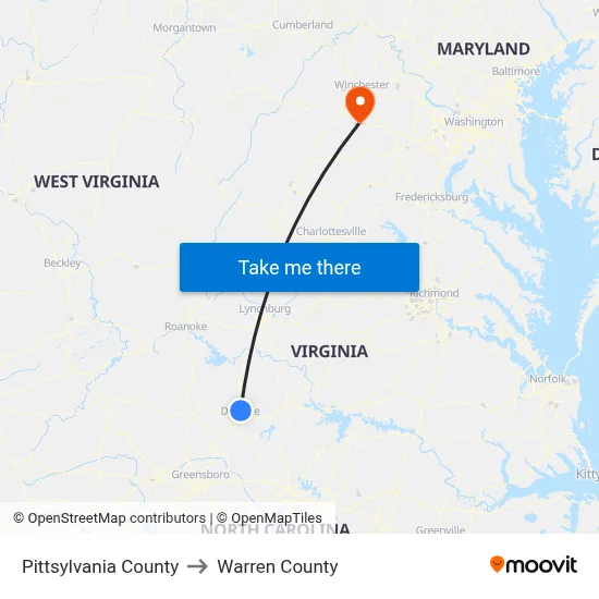Pittsylvania County to Warren County map