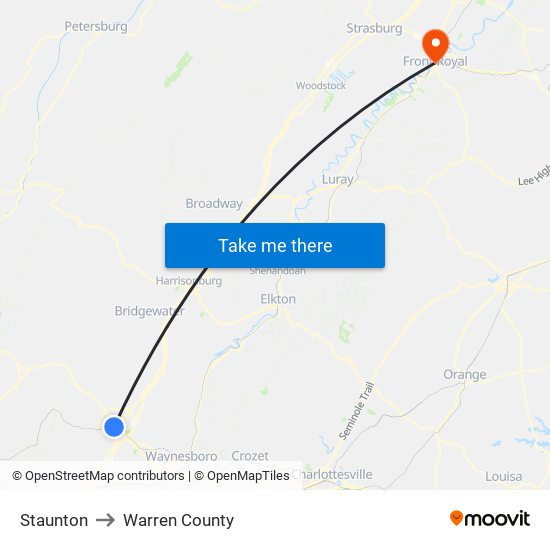 Staunton to Warren County map