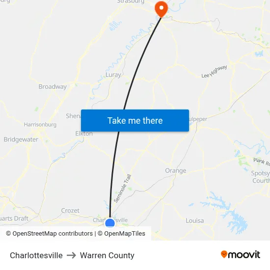 Charlottesville to Warren County map