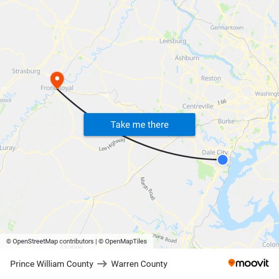 Prince William County to Warren County map