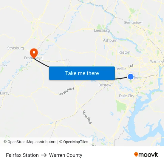 Fairfax Station to Warren County map