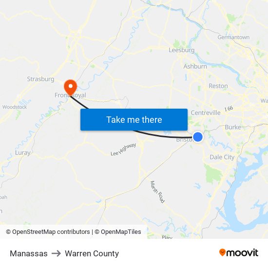 Manassas to Warren County map