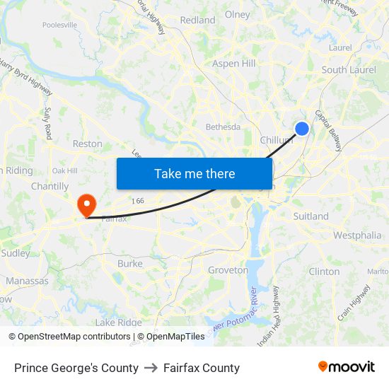 Prince George's County to Fairfax County map