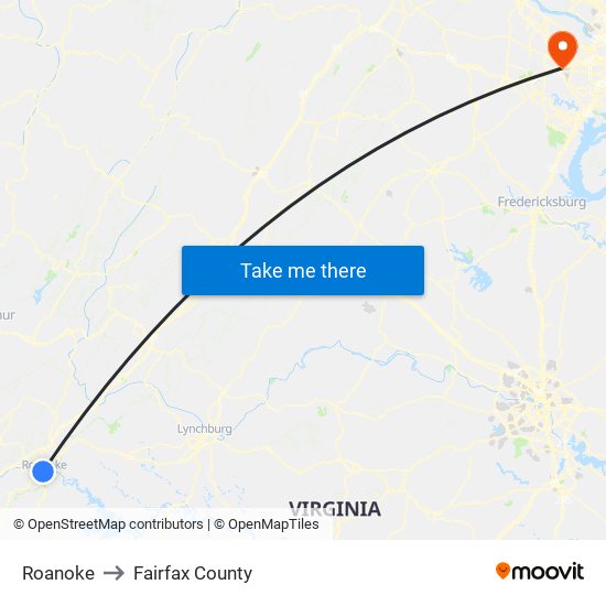 Roanoke to Fairfax County map