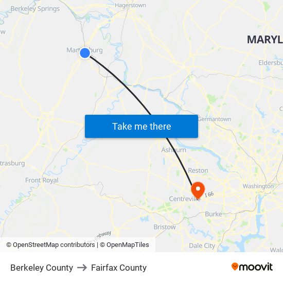 Berkeley County to Fairfax County map