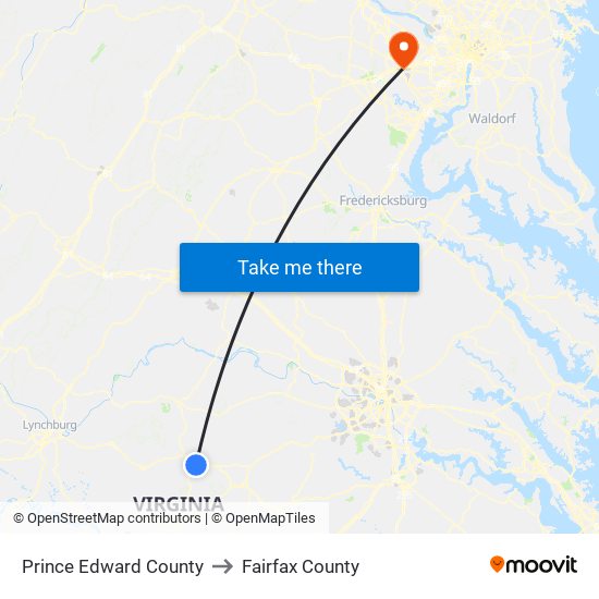 Prince Edward County to Fairfax County map