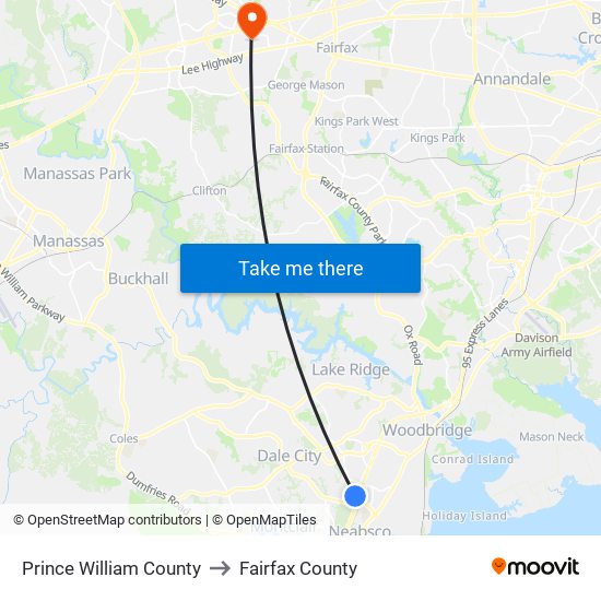 Prince William County to Fairfax County map