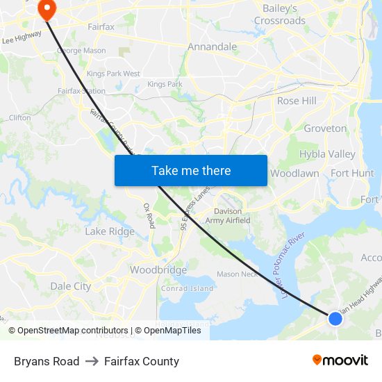 Bryans Road to Fairfax County map