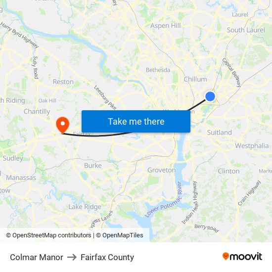 Colmar Manor to Fairfax County map