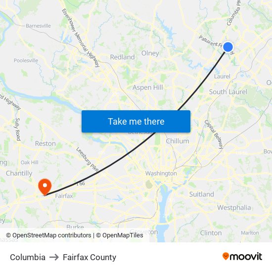 Columbia to Fairfax County map