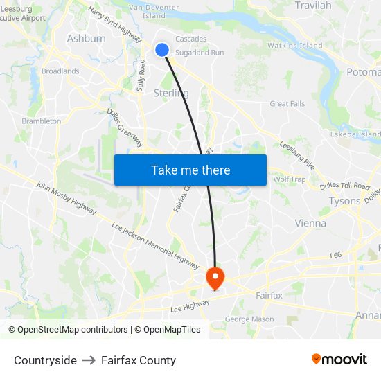 Countryside to Fairfax County map