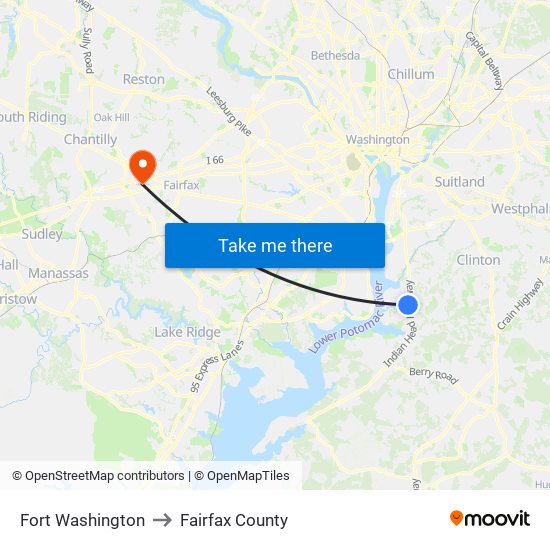 Fort Washington to Fairfax County map