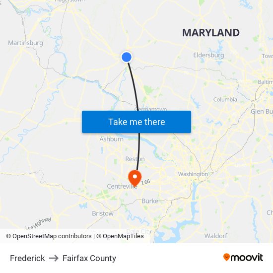 Frederick to Fairfax County map