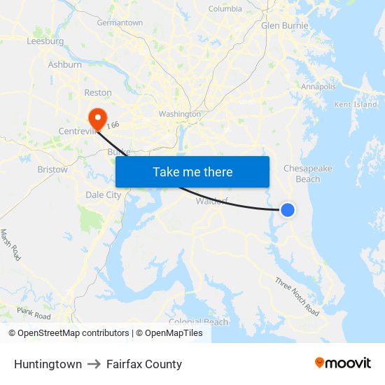 Huntingtown to Fairfax County map