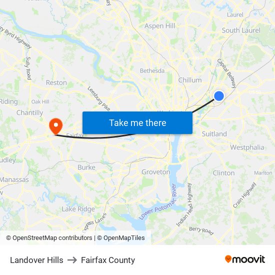 Landover Hills to Fairfax County map