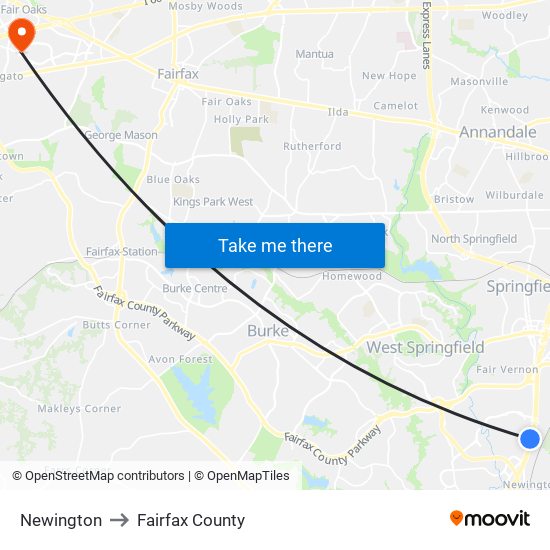 Newington to Fairfax County map