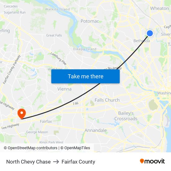 North Chevy Chase to Fairfax County map