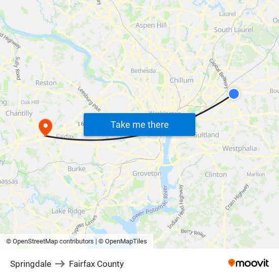 Springdale to Fairfax County map