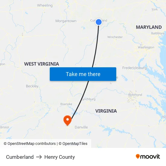 Cumberland to Henry County map