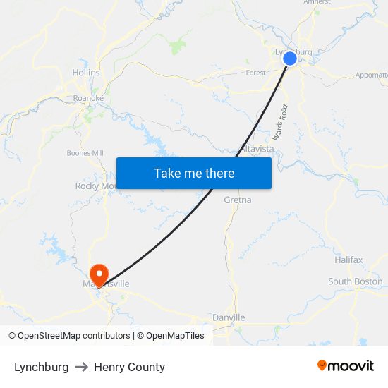 Lynchburg to Henry County map