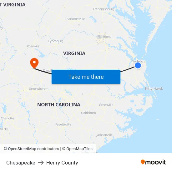 Chesapeake to Henry County map