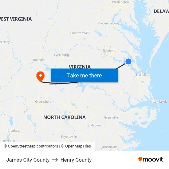 James City County to Henry County map
