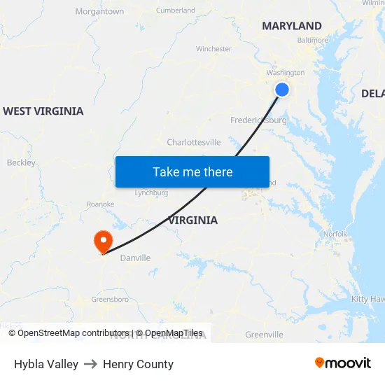 Hybla Valley to Henry County map
