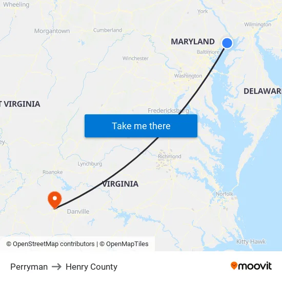 Perryman to Henry County map