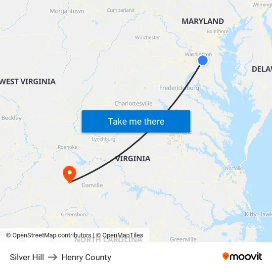 Silver Hill to Henry County map