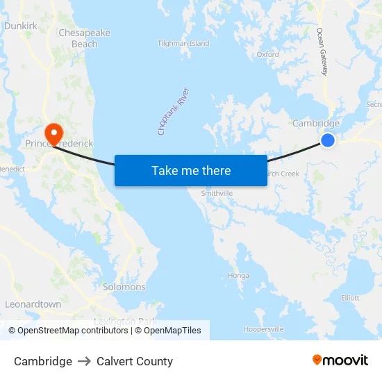 Cambridge to Calvert County map