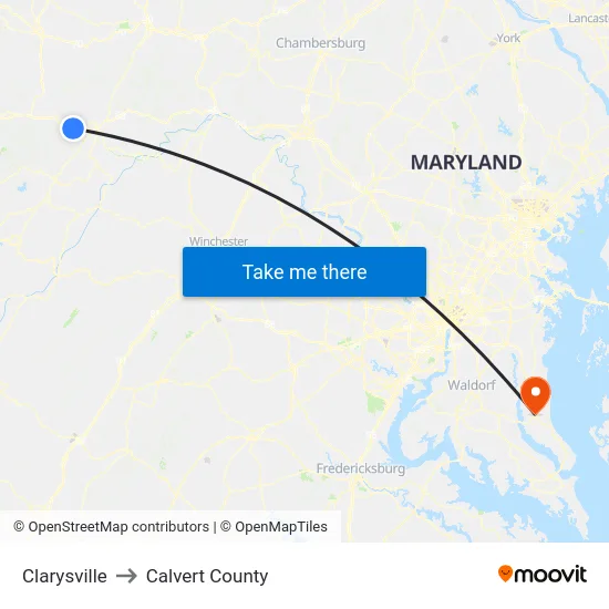 Clarysville to Calvert County map