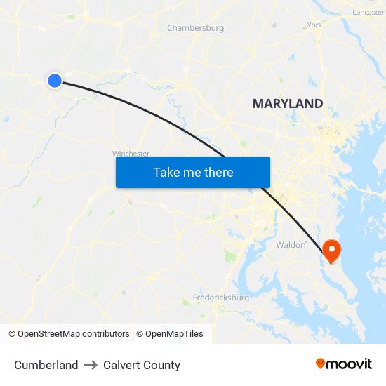 Cumberland to Calvert County map