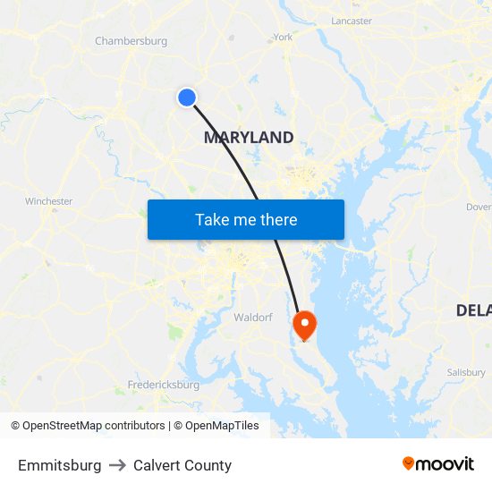 Emmitsburg to Calvert County map