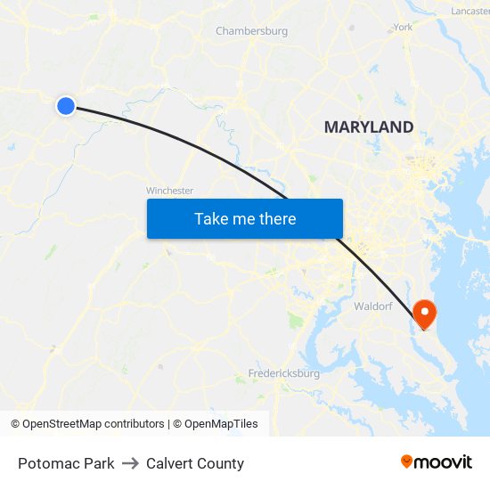 Potomac Park to Calvert County map