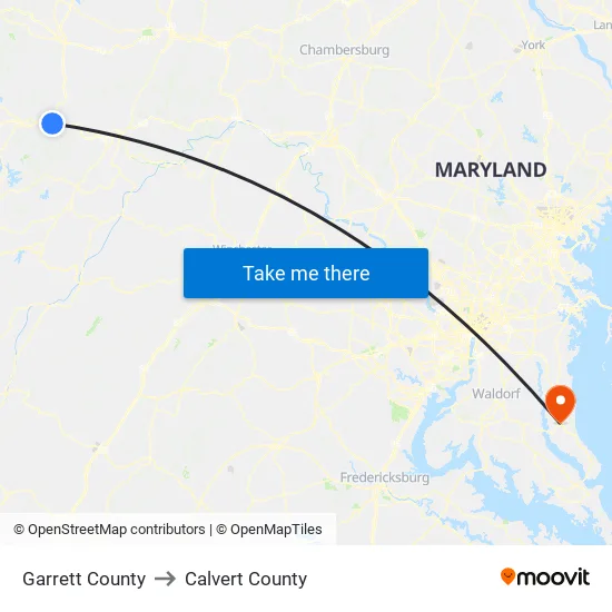 Garrett County to Calvert County map