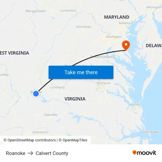 Roanoke to Calvert County map