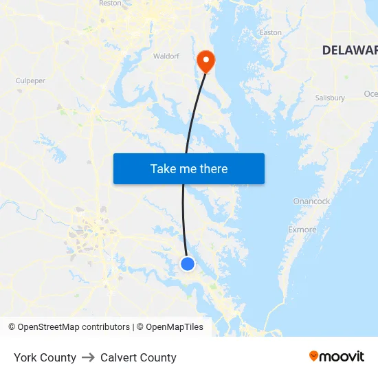 York County to Calvert County map