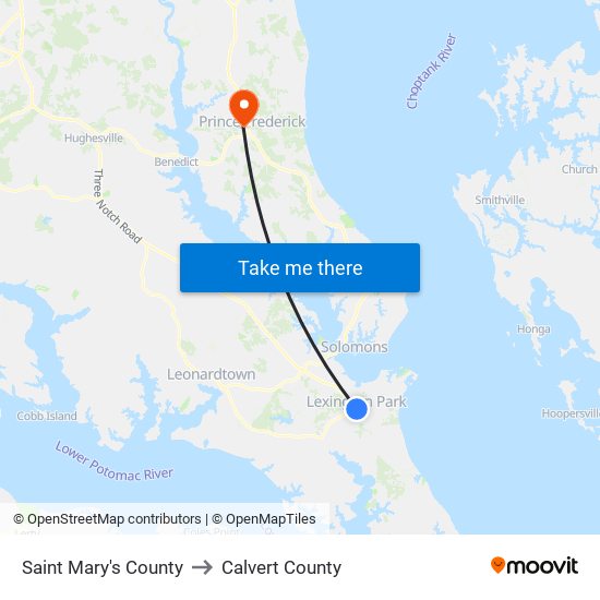 Saint Mary's County to Calvert County map