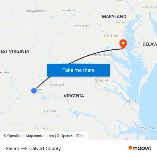 Salem to Calvert County map