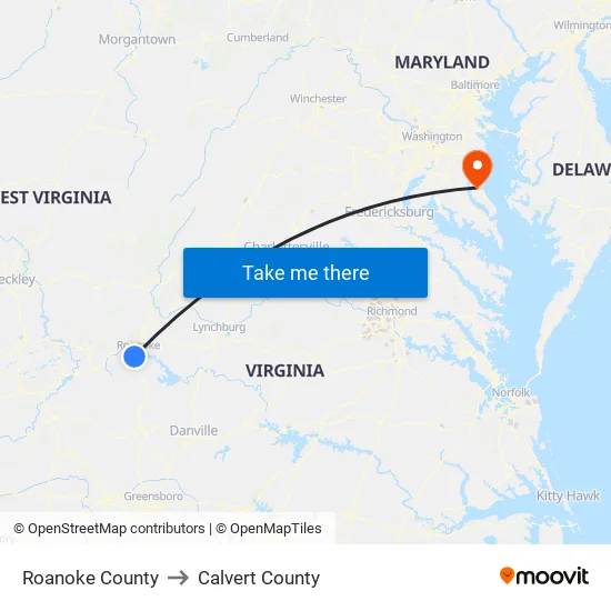 Roanoke County to Calvert County map