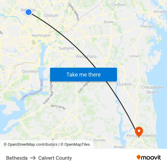 Bethesda to Calvert County map