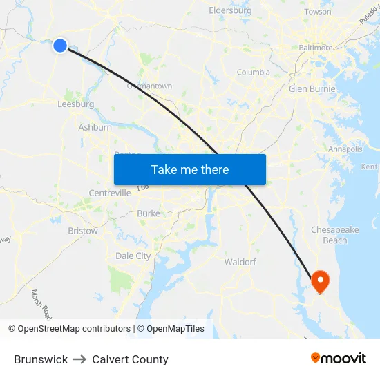 Brunswick to Calvert County map