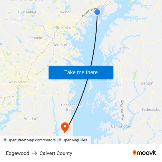 Edgewood to Calvert County map