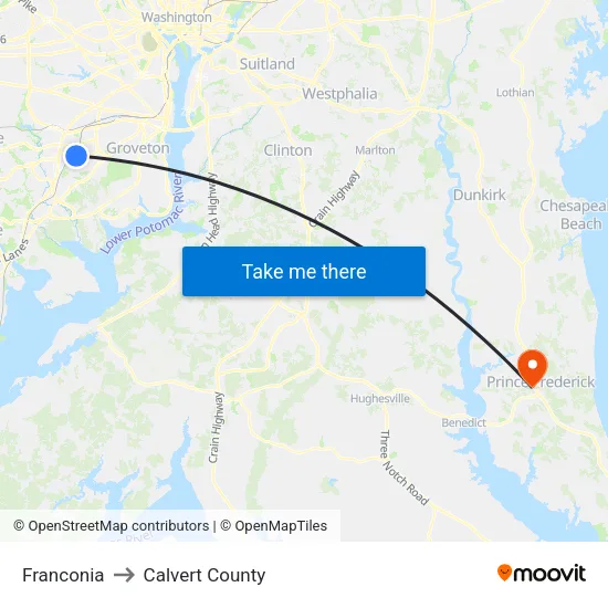 Franconia to Calvert County map